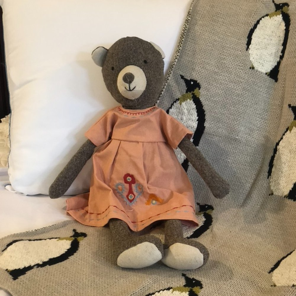 Fabric Bear in Dress, Brown & Pink